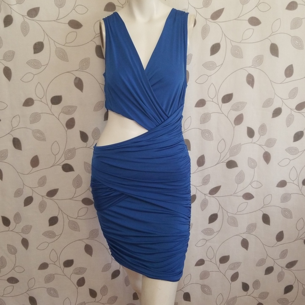 Blue Cutout Ruched Bodycon Dress - Women